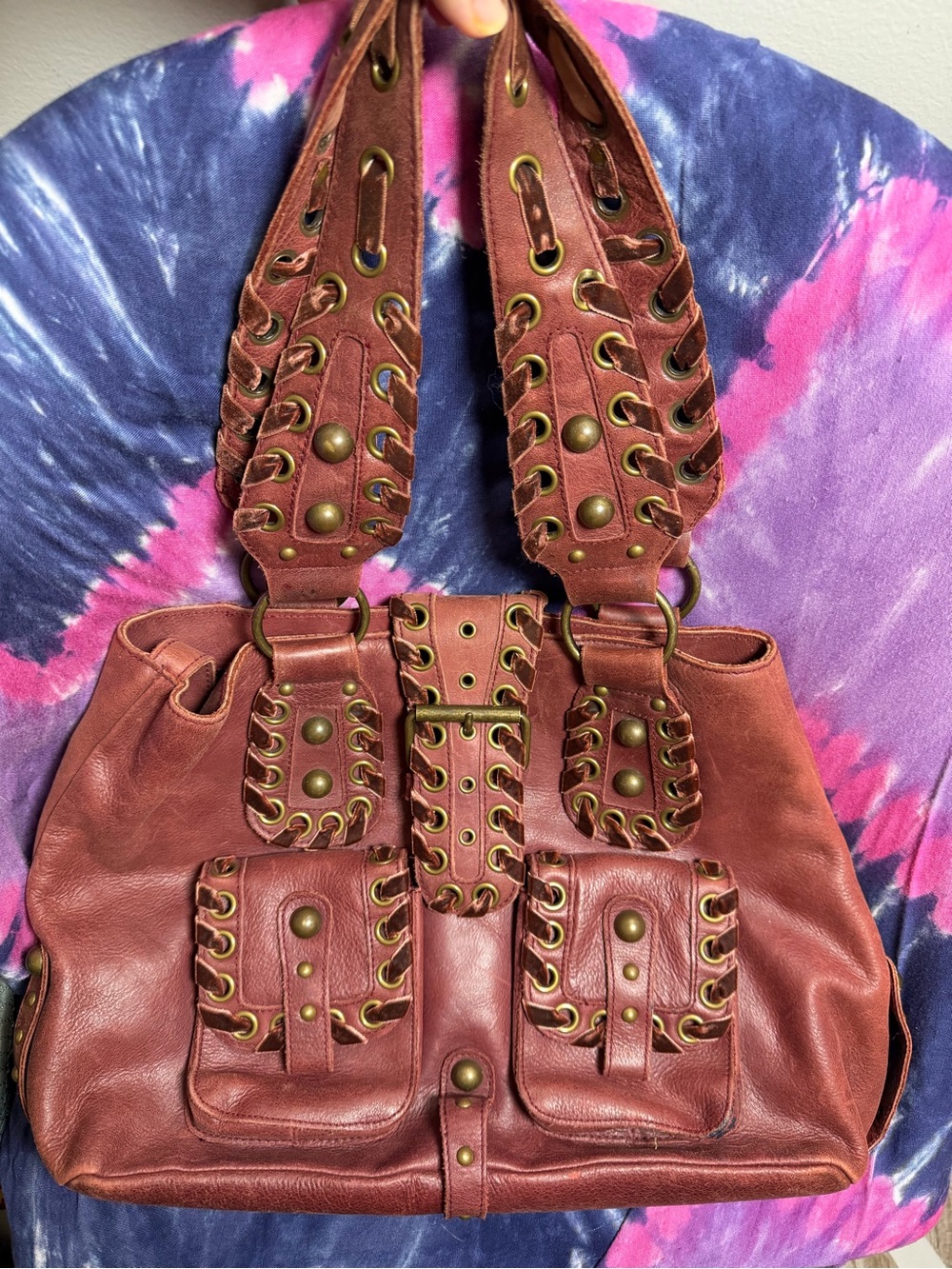 Vintage Betsey Johnson Leather Shoulder Bag with Stude & Lace-Up Detail